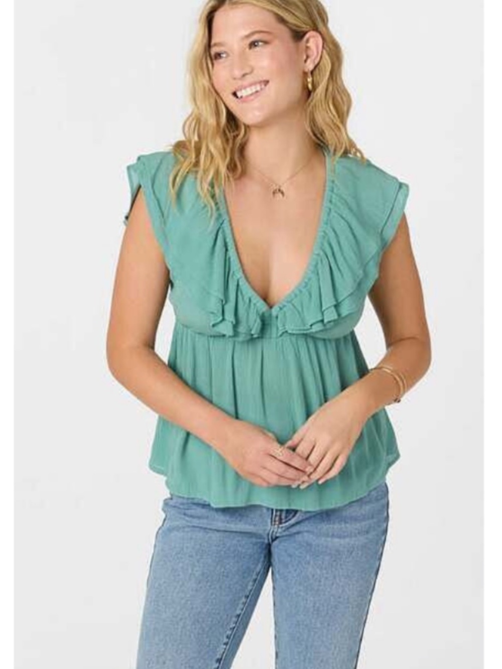 O'NEILL DEJI SOLID FLUTTER SLEEVE TOP NWT Green (not taupe)